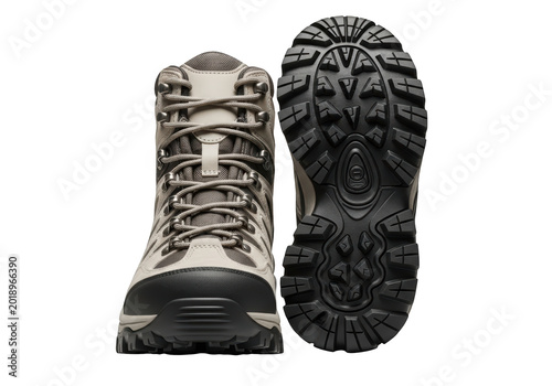 A pair of rugged hiking boots shown from the front and sole view isolated on transparent background