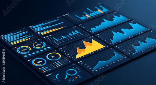 Multiple screens displaying interactive business analytics dashboards with various data visualizations graphs charts user interface elements for financial analysis analytics dashboard business