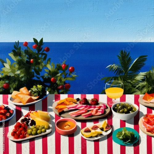 Delicious Food Spread on a Colorful Table Near a Blue Wall With a Tropical View