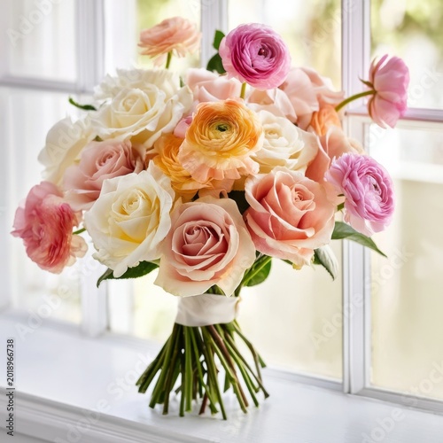 Fresh Flowers Arranged in a Bouquet by a Window During Daylight Hours in a Ho...