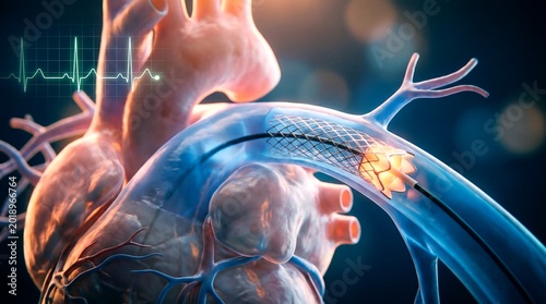 Medical heart stent procedure, coronary angioplasty surgery illustration, human heart anatomy with cardiovascular catheter and EKG monitor
