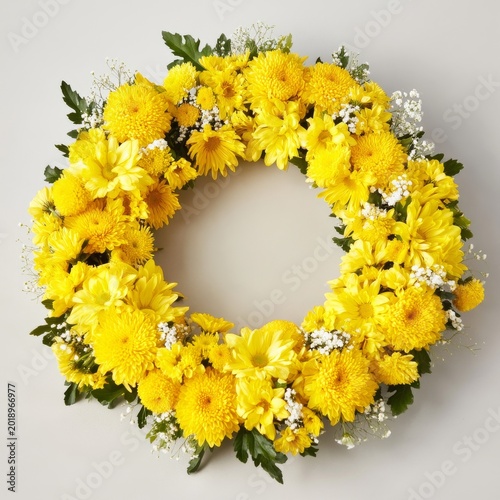 Yellow Flower Wreath is Placed on a Light Background for Decoration and Celeb...