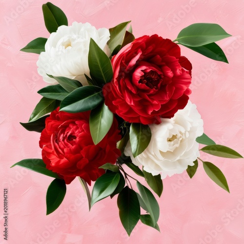 Flowers Arranged With Red and White Peonies on a Pink Background for a Season...