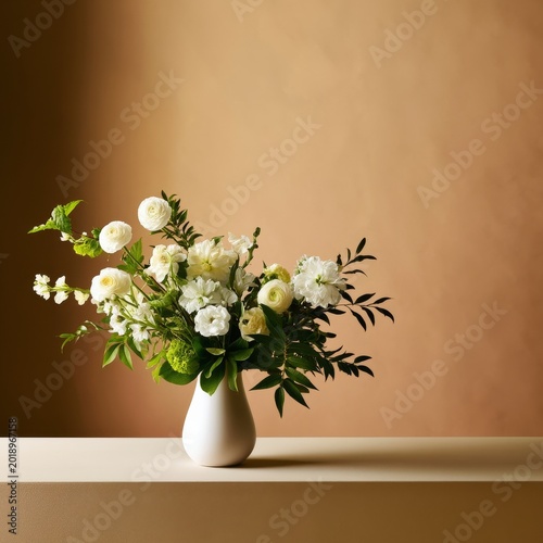 Flowers in a White Vase With Green Leaves Placed on a Light Surface During Br...