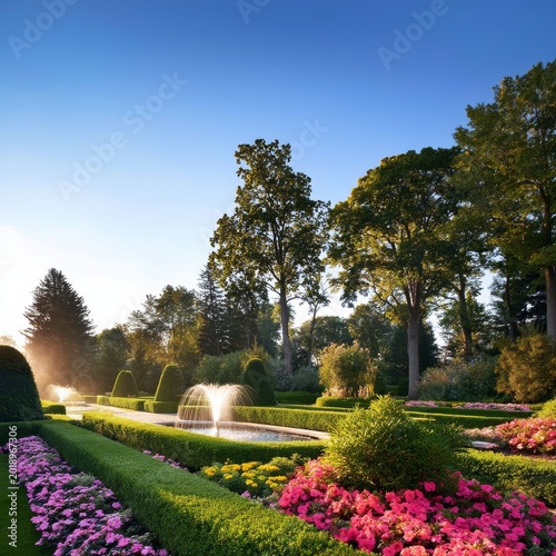 Flower Garden With Fountain and Trees in Daylight Setting