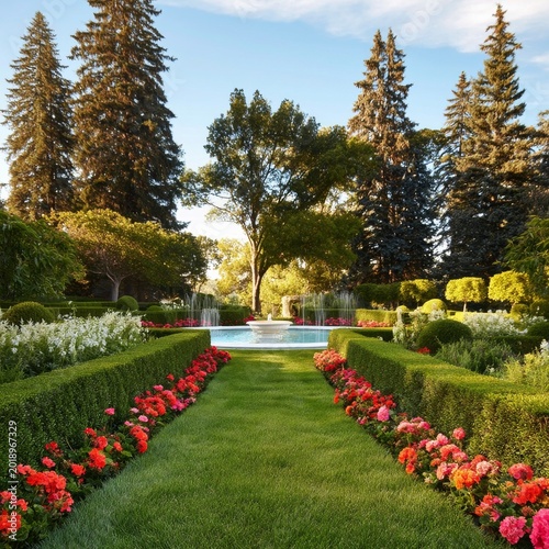 Flower Garden With Fountain and Trees in Daylight Setting