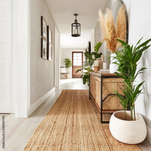 Bright Hallway With Plants, Rugs, and Decor in a Modern Home Setting