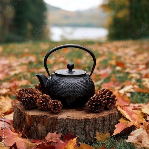 Black Teapot Sits on a Wooden Stump Surrounded by Fallen Leaves and Pine Cone...