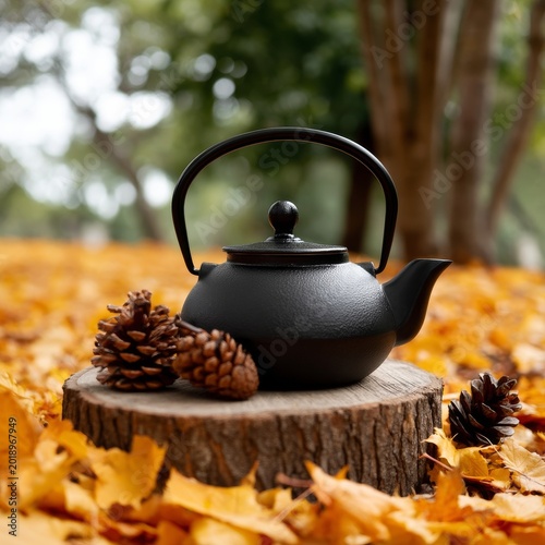 Black Teapot Sits on a Wooden Stump Surrounded by Fallen Leaves and Pine Cone...
