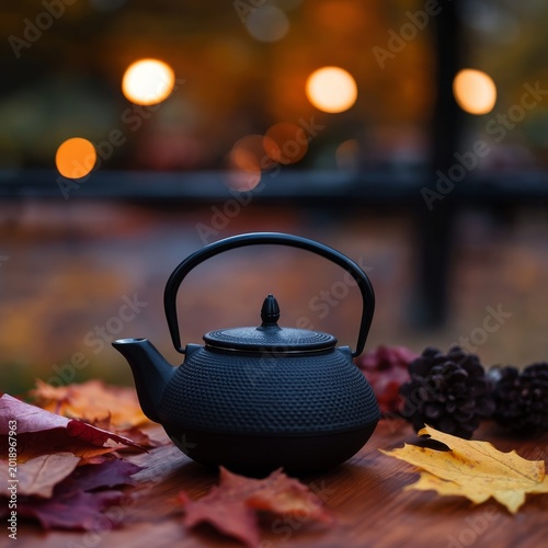 Black Teapot Sits on Wooden Table Surrounded by Autumn Leaves and Warm Glowin...