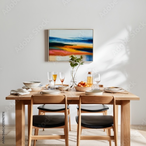Dining Table Set for a Gathering With Art on the Wall and Drinks and Food Arr...