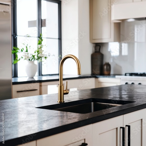 Modern Gold Kitchen Faucet With Dark Countertop and Stylish Cabinets in a Con...
