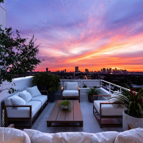 Scenic Balcony View With City Skyline During Sunset Over Urban Landscape