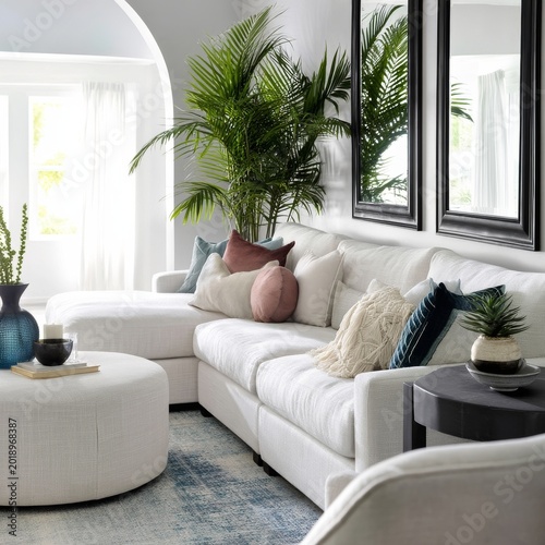 Modern Living Room With White Couch and Plants in Bright Space With Large Win...