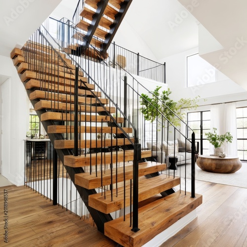 Modern Wooden Staircase Located in a Bright Open Space With Large Windows and...