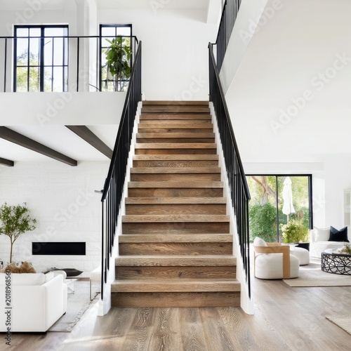 Modern Wooden Staircase Located in a Bright Open Space With Large Windows and...