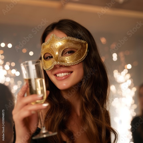 Celebration With a Masked Woman Holding a Drink in a Festive Setting