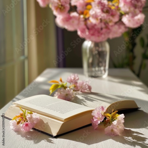 Flowers and a Book on a Table With Sunlight and a Window in the Background Du...