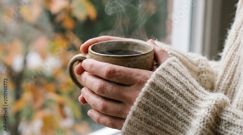 Cuadro en lienzo Cozy hands wrapped around a steaming mug