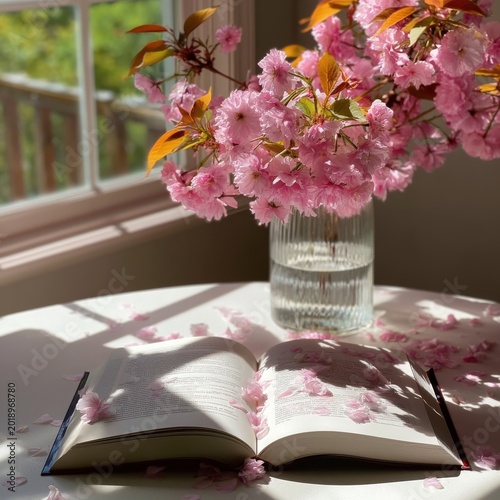 Beautiful Flowers and an Open Book on a Table Near a Sunny Window in a Home S...