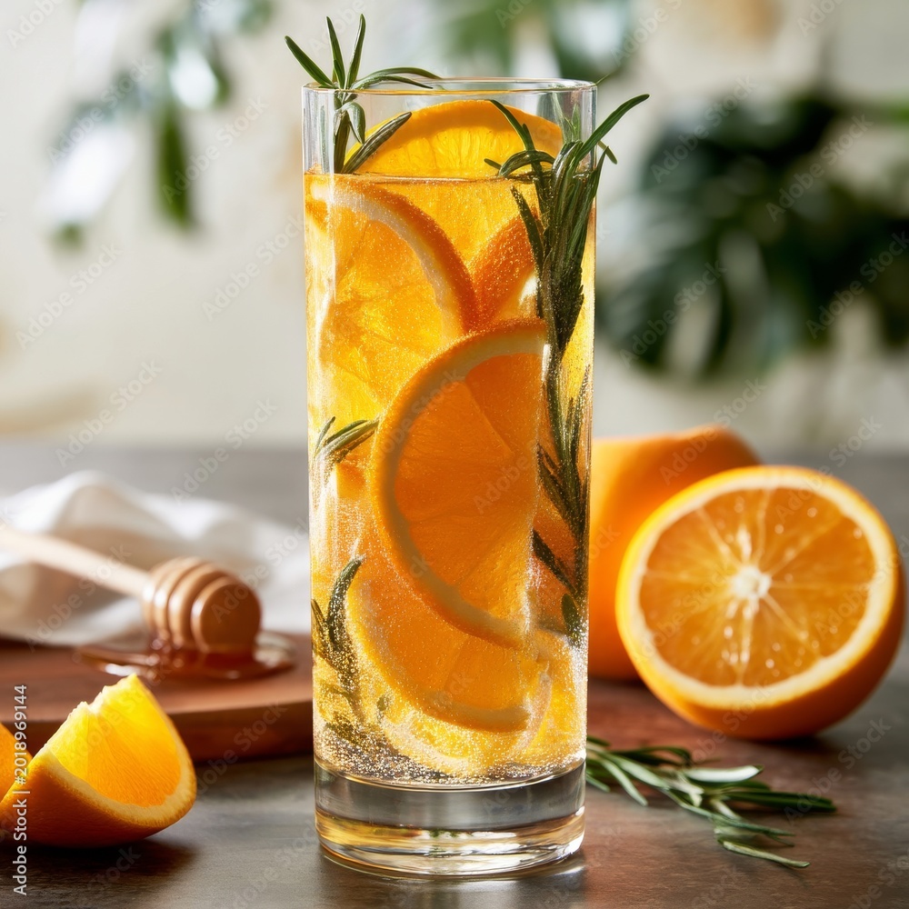 Fototapeta premium Refreshing Drink With Orange Slices and Herbs on a Wooden Table