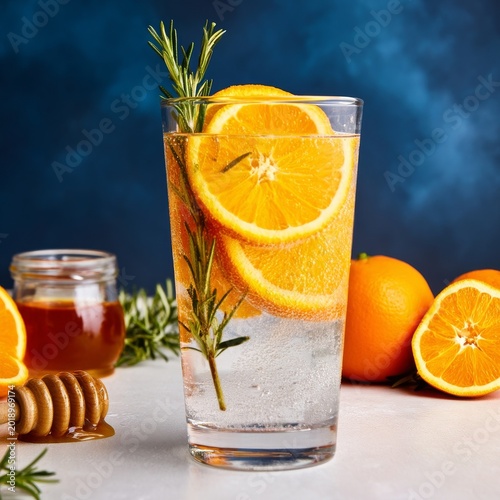 Refreshing Drink With Orange Slices and Rosemary Placed on a Table With Honey...