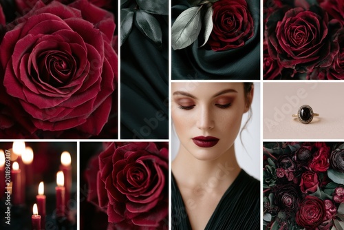 Dark romantic gothic wedding mood board featuring deep red roses, black fabric, candles, and a model with dark makeup and an elegant ring in a visually striking arrangement