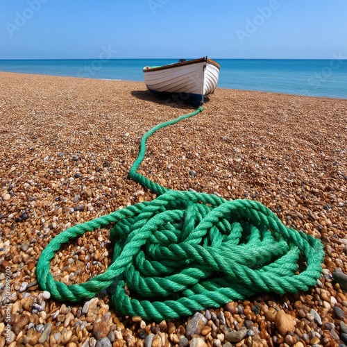 Boat Sits on Pebbled Shore With Green Rope Leading to Water Under Clear Sky