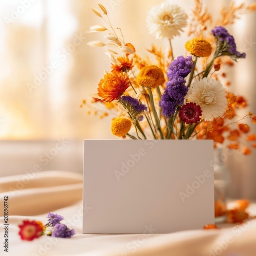 Colorful Flowers in a Vase on a Table During Daylight With a Blank Card Nearby