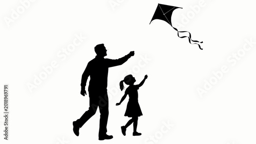 Fotografi Father's Day Father, child flying kite, black silhouette, outdoor fun, recreatio