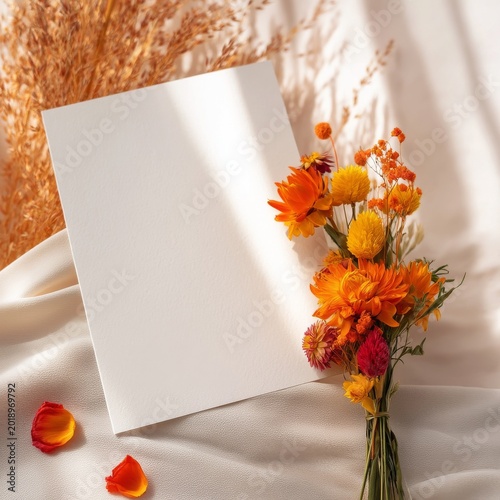 Colorful Flowers in a Vase on a Table During Daylight With a Blank Card Nearby