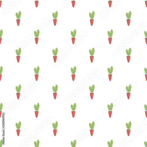 Small green houseplants in red pots forming a decorative botanical tile