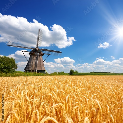 Windmill Stands in Wheat Field Under Blue Sky With Clouds During Daytime