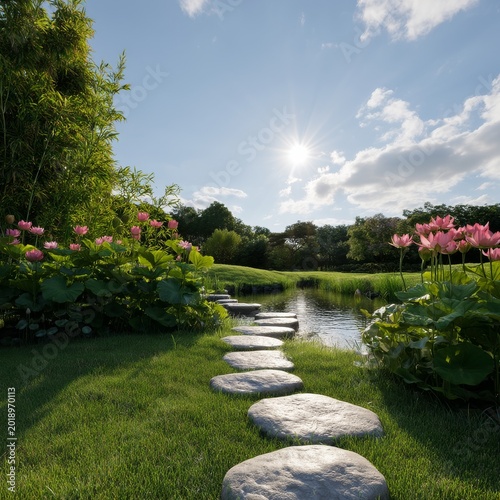 Nature Scene With Stone Path and Lotus Flowers Near a Calm Water Body During ...