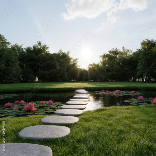 Sun Shining Over a Garden Path With Stones and Flowers Near a Pond in a Sunny...