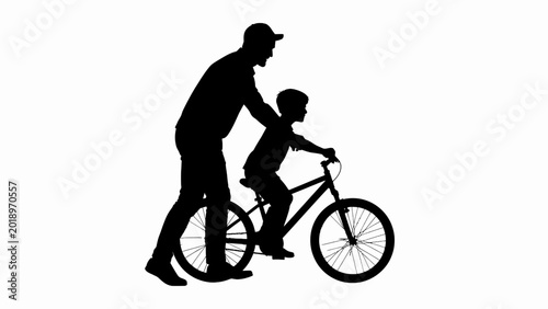 Tableau sur toile Father's Day Father teaching son to ride bike, cycling lesson, family fun, outdo