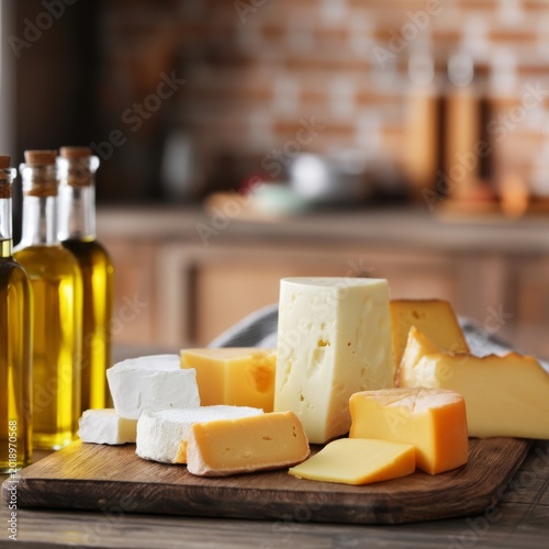 Selection of Cheese Arranged on a Wooden Board With Olive Oil in the Backgrou...