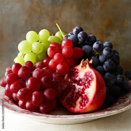 Mix of Grapes and Pomegranate on a Plate in a Kitchen Setting During Daylight