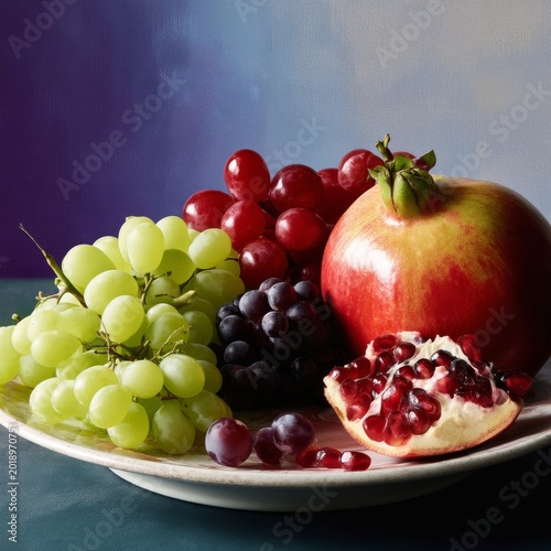 Mix of Grapes and Pomegranate on a Plate in a Kitchen Setting During Daylight