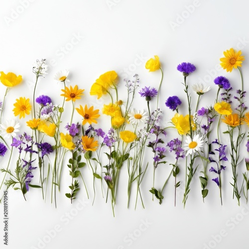 Colorful Wildflowers Arranged on a White Surface During Daylight Hours