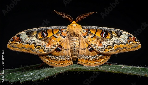 Colorful Giant Moth Resting with Open Wings on Green Leaf Against Black Background