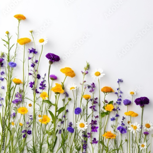 Colorful Wildflowers Grow in a Line With Various Shades Near a Quiet Wall in ...