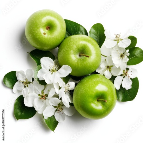 Green Apples and White Flowers Arranged on a Table With Green Leaves Showing ...