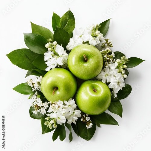 Green Apples and White Flowers Arranged on a Table With Green Leaves Showing ...