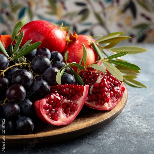 Fresh Pomegranate and Grapes on a Wooden Plate With Green Leaves Displayed fo...