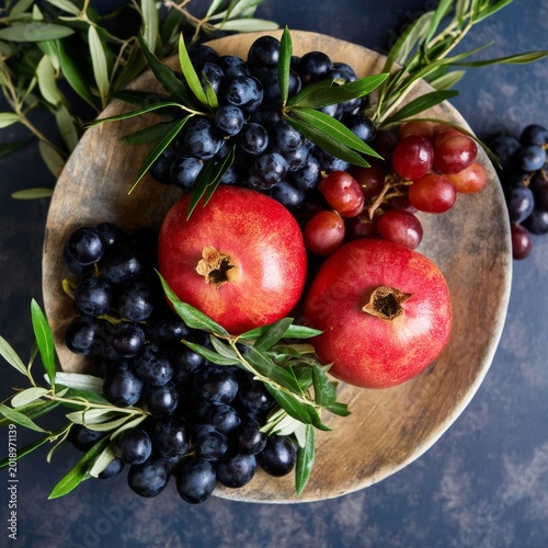 Fruit Arrangement With Pomegranate, Grapes, and Apple on a Wooden Platter
