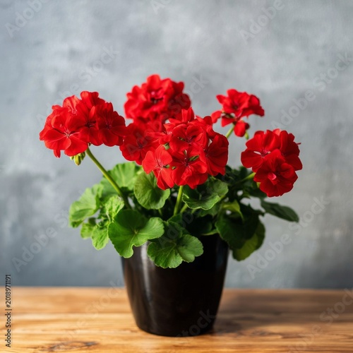 Bright Red Flowers in a Black Pot on a Wooden Table With a Gray Background