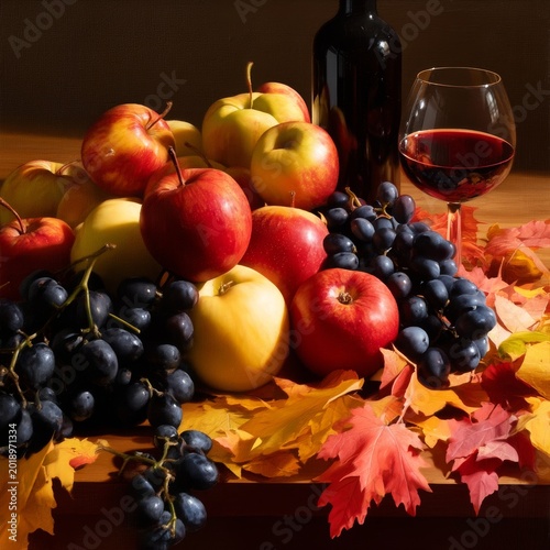 Colorful Display of Fruits and Wine on Table With Autumn Leaves in the Backgr...