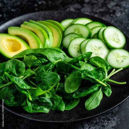 Fresh Spinach and Cucumber Salad With Sliced Avocado