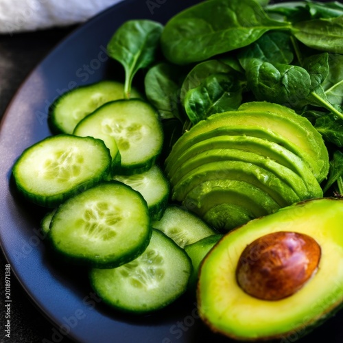 Fresh Salad With Avocado and Cucumber on a Black Plate in Natural Light